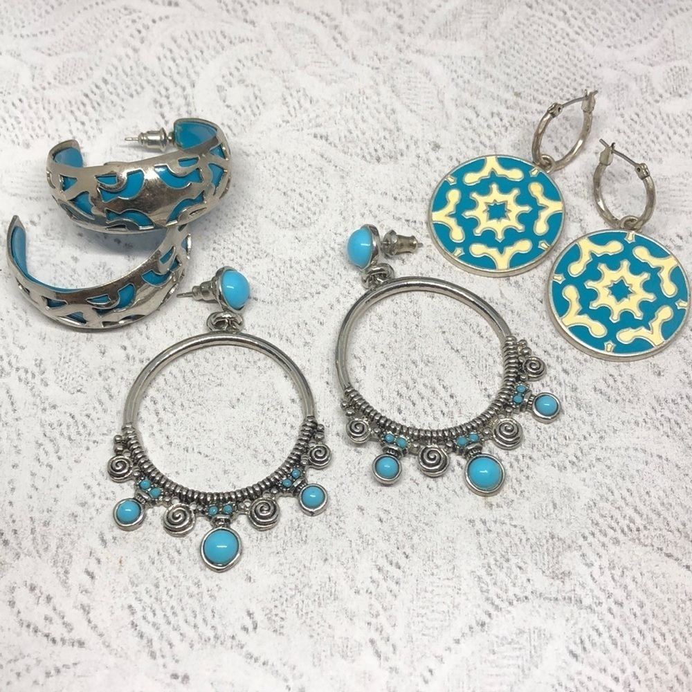 Bundle lot 3 silver tone boho style statement earrings